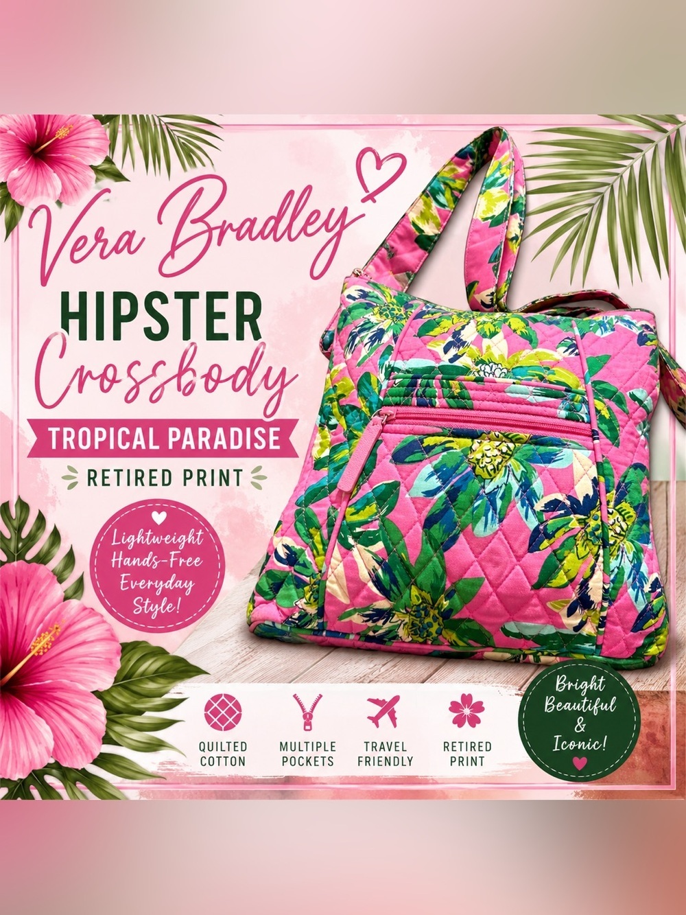 Vera Bradley Hipster Crossbody Tropical Paradise Pink Floral Retired